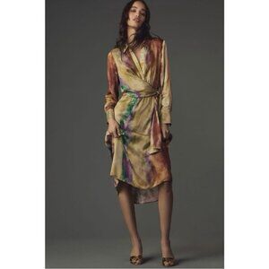 By Anthropologie Long-Sleeve Tie-Front Midi Shirt Dress Tie Dye Size S